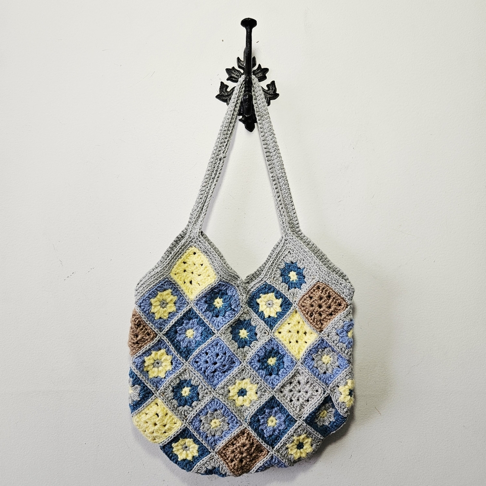 Handmade Crochet Granny Square Bag 13" x 13" Satchel Purse Floral Boho - Picture 2 of 3